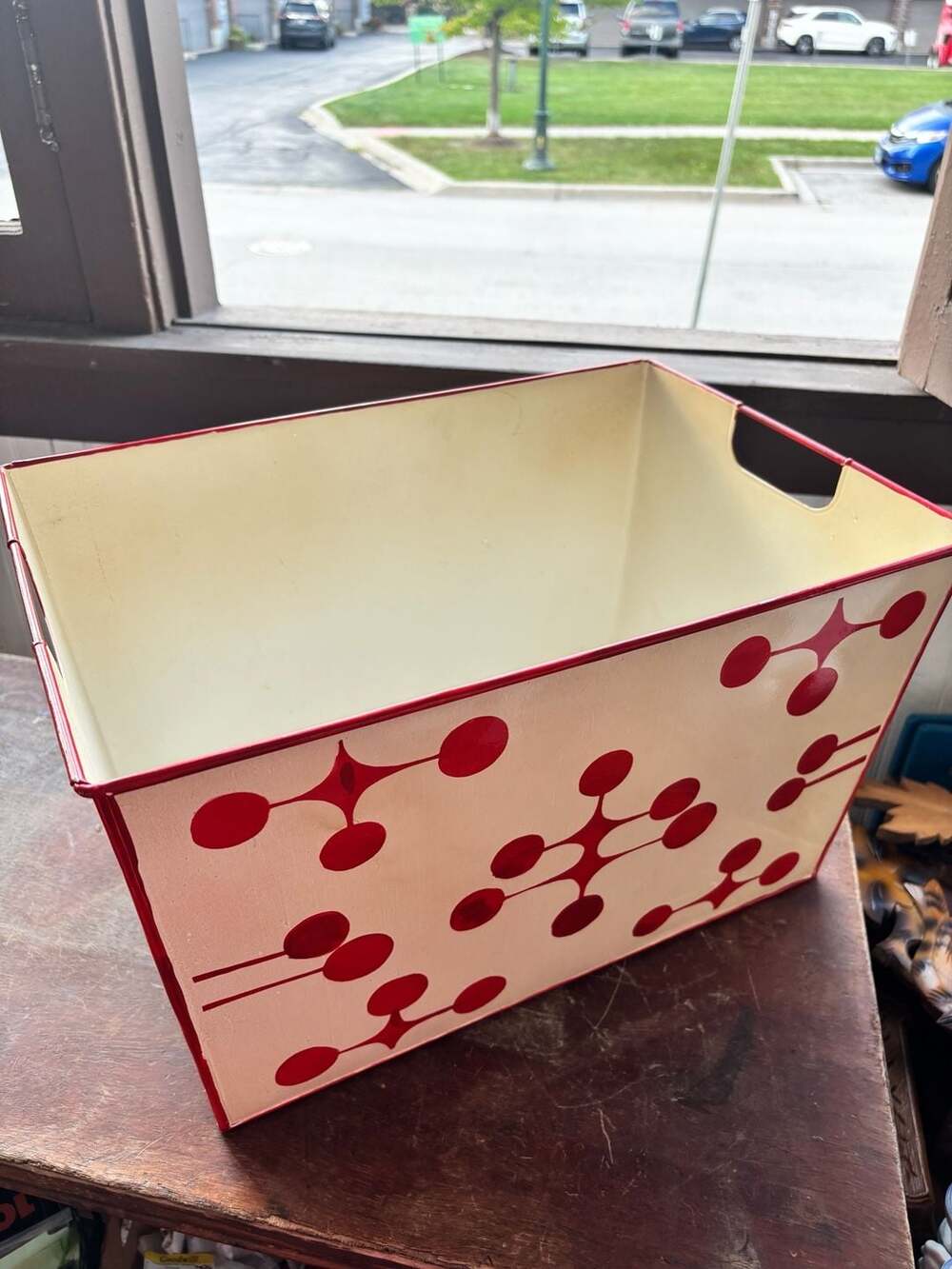 Mid-Century Modern Atomic Red Dot Metal Storage Bin Organizer Basket